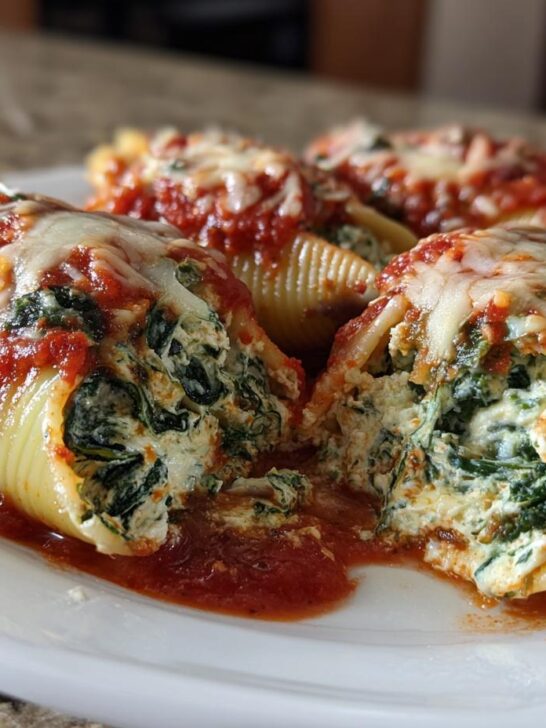 Close-up of Stuffed Shells Florentine, showing the creamy ricotta and spinach filling spilling out, topped with marinara sauce and melted cheese.