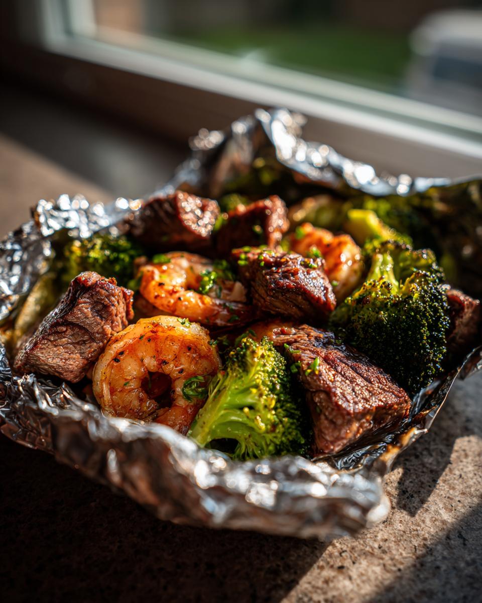Close-up of cooked steak pieces, shrimp, and bright green broccoli inside an open Surf And Turf Foil Packs.