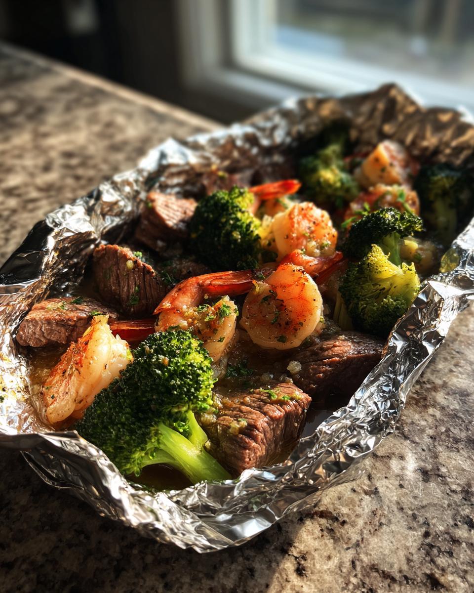 Close-up of cooked steak pieces, shrimp, and bright green broccoli florets inside an opened foil packet, ready for Surf And Turf Foil Packs.