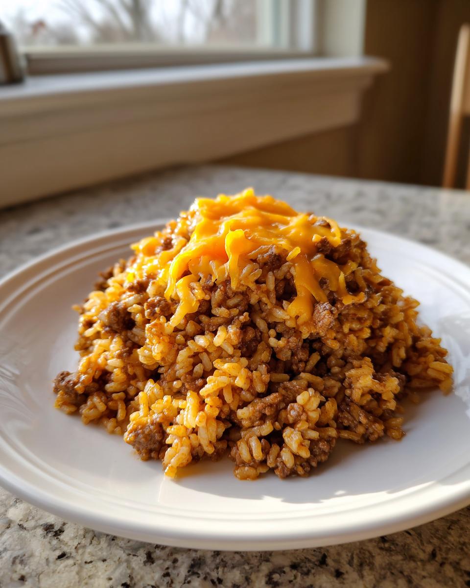 A mound of Taco Beef Rice Skillet topped with melted cheddar cheese served on a white plate.