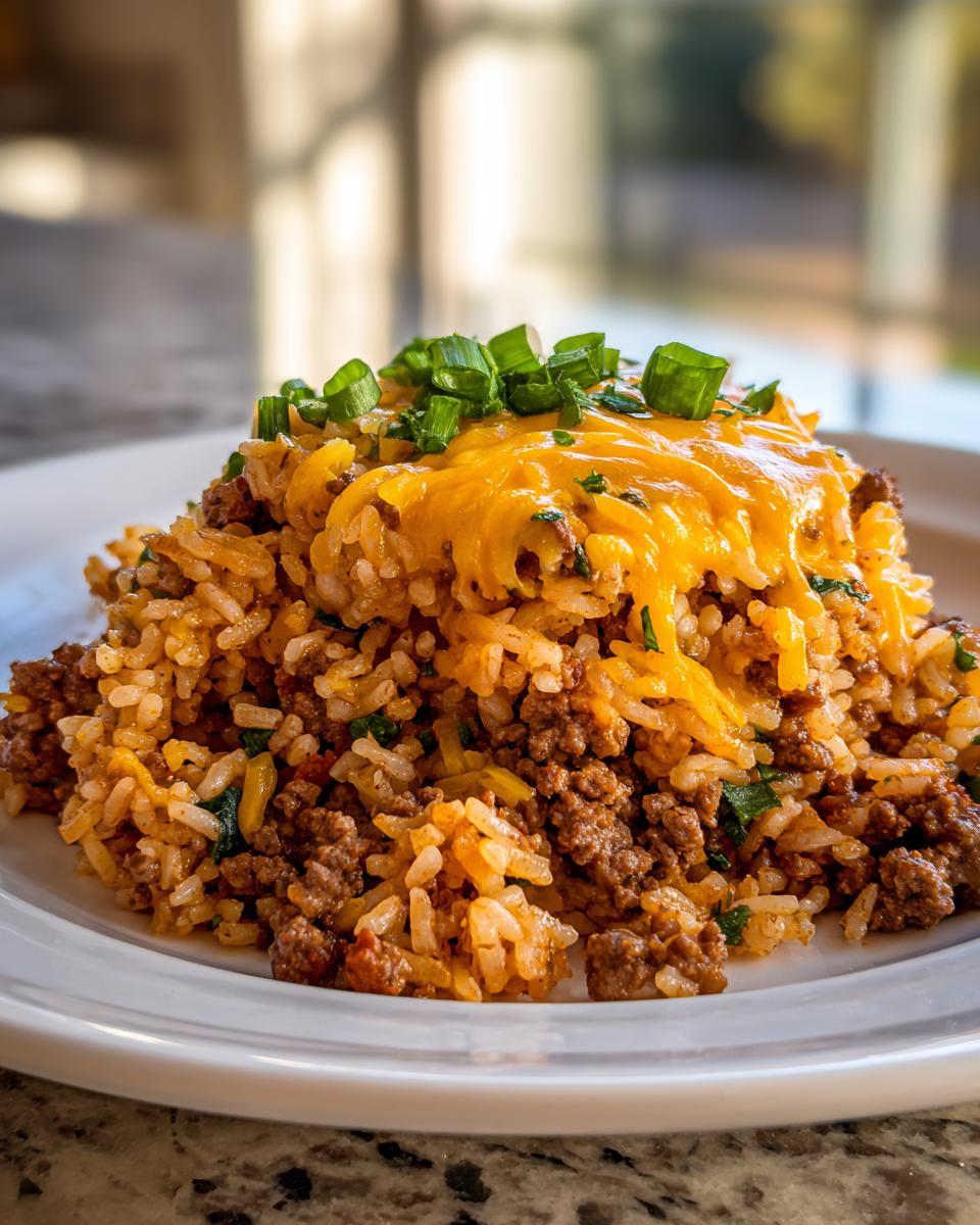 A close-up serving of Taco Beef Rice Skillet topped with melted cheddar cheese and fresh green onions.