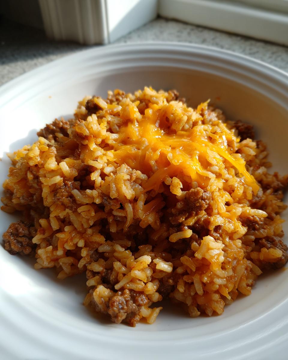A close-up of a serving of Taco Beef Rice Skillet topped with melted cheddar cheese in a white bowl.