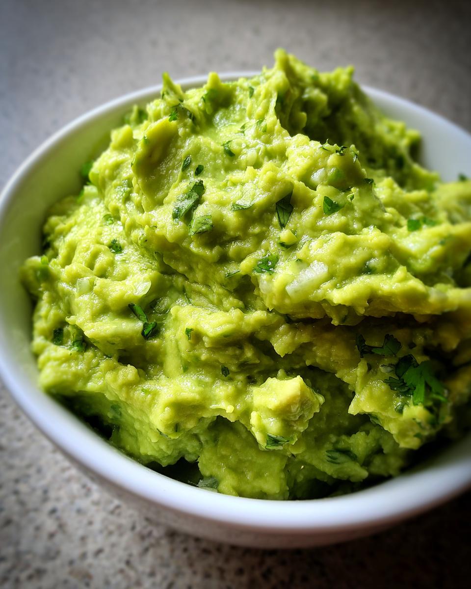 Close-up of chunky, bright green The Best Guacamole topped with cilantro and onion pieces in a white bowl.