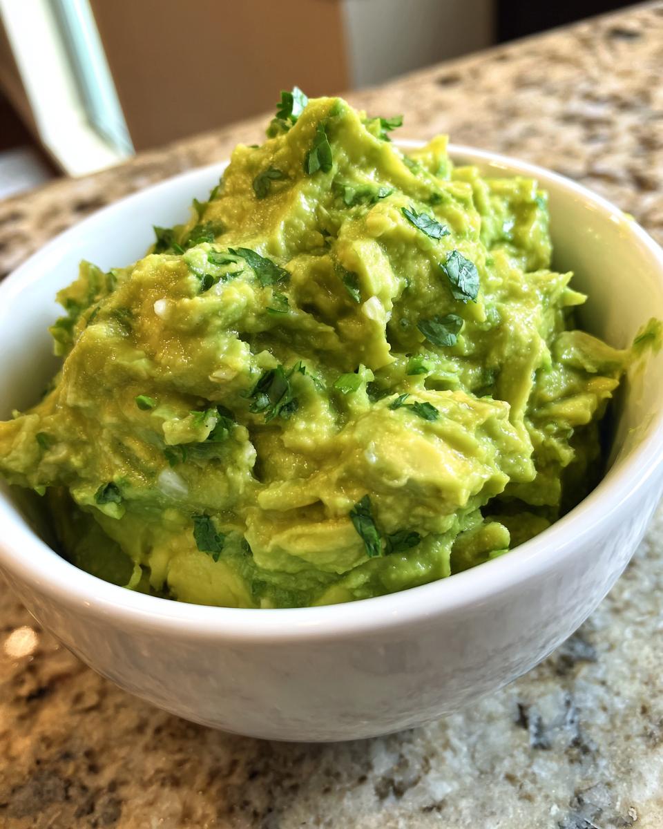 Close-up of chunky, bright green The Best Guacamole topped with chopped cilantro in a small white bowl.