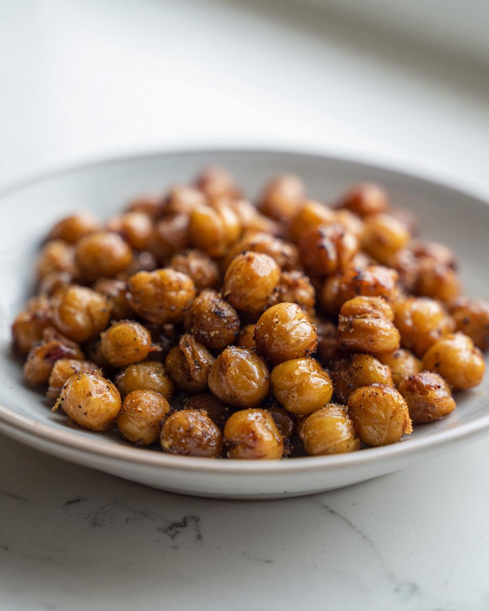A close-up shot of a small bowl filled with golden brown, seasoned, and crispy The Best Roasted Chickpeas.