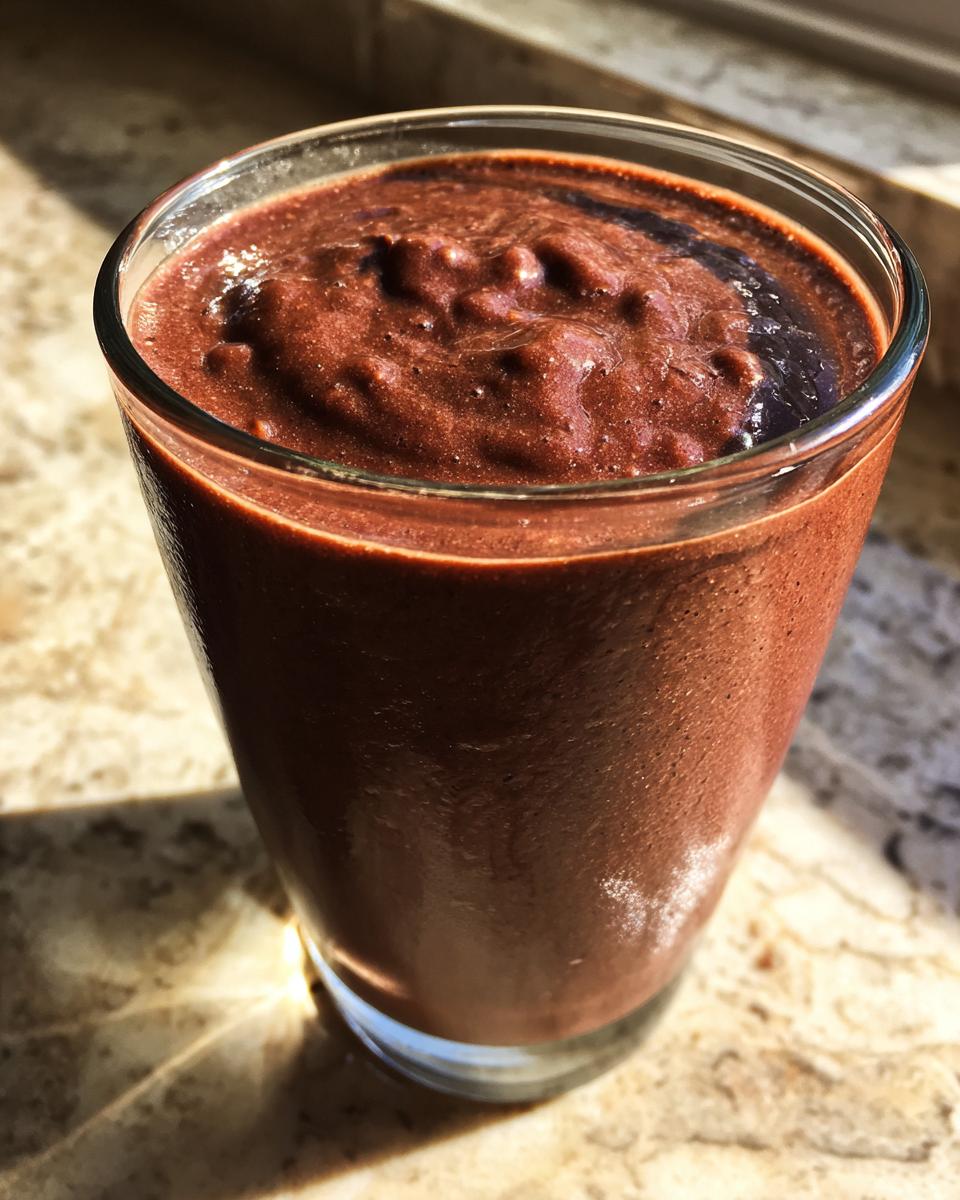 Close-up of a thick, rich brown Peanut Butter Cup Smoothie served in a clear glass on a marble counter.