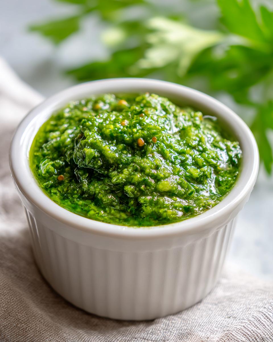 Close-up of vibrant green Traditional Jamaican Green Seasoning paste in a small white ramekin.