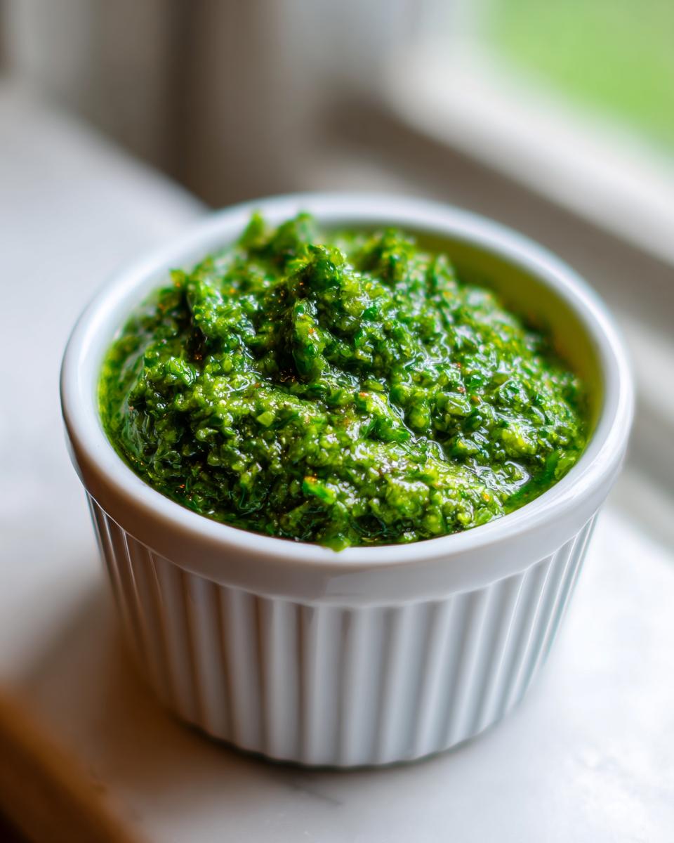 Close-up of thick, bright green Traditional Jamaican Green Seasoning in a white fluted ramekin.