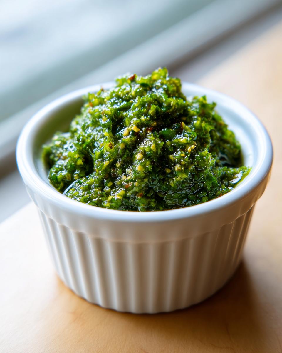 Close-up of vibrant Traditional Jamaican Green Seasoning, a coarse green paste, served in a small white fluted ramekin.