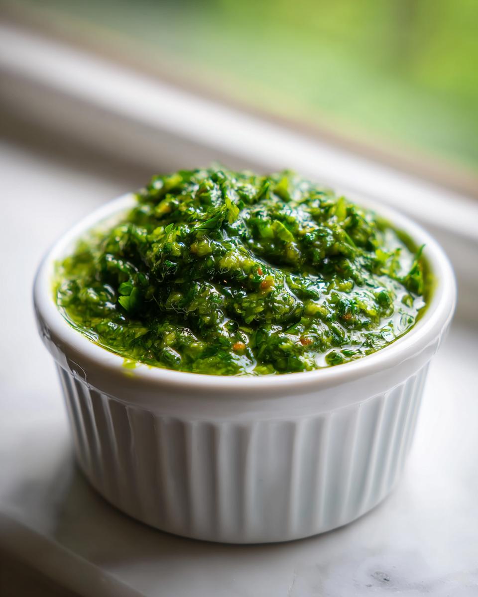 Close-up of vibrant green, chunky Traditional Jamaican Green Seasoning in a small white ramekin.