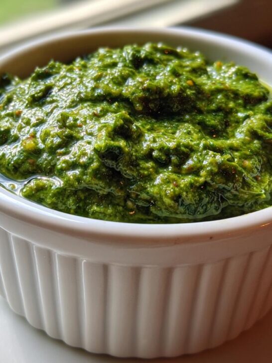 Close-up of vibrant, thick Traditional Jamaican Green Seasoning in a small white fluted ramekin.