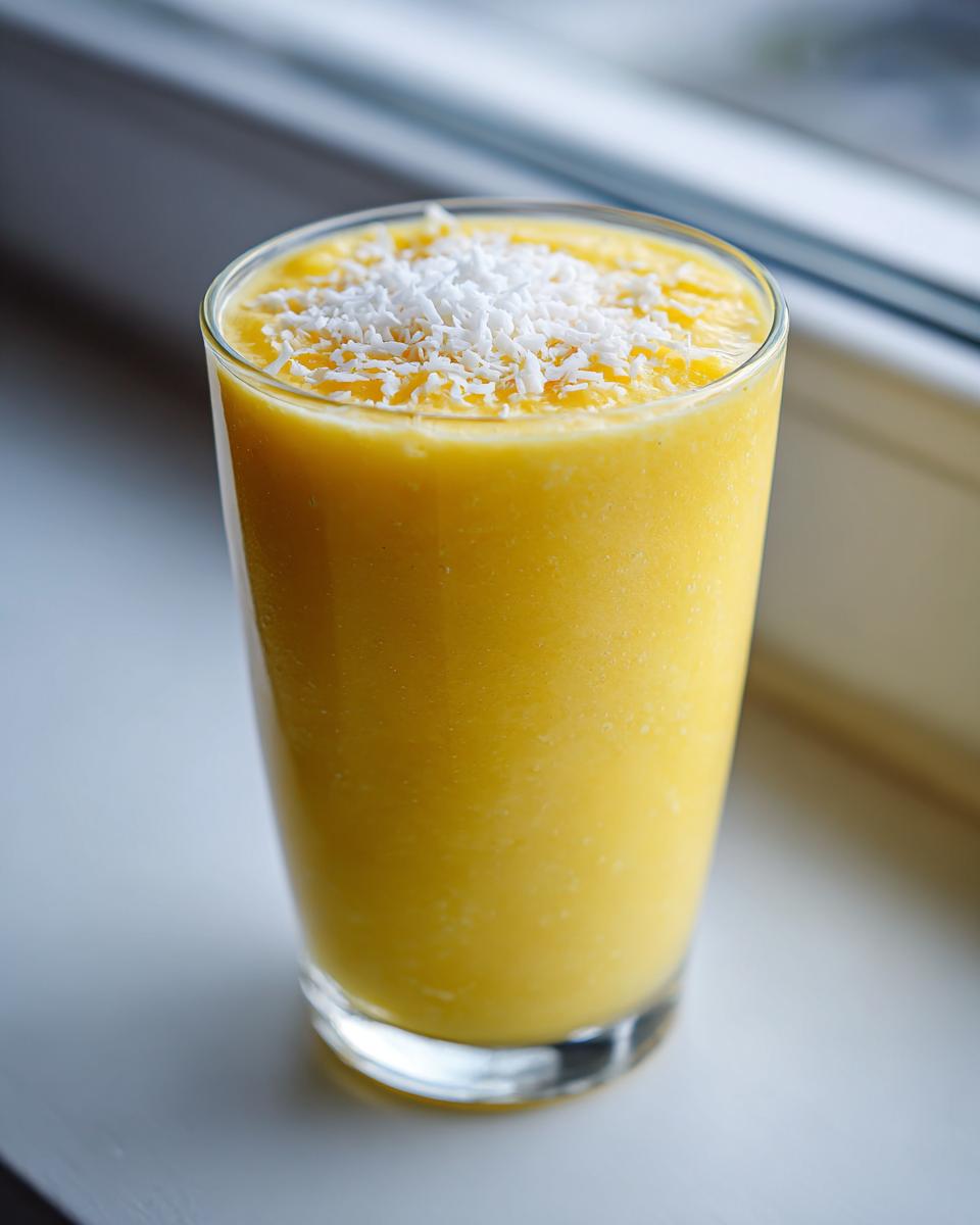 A tall glass filled with a vibrant yellow Tropical Pineapple Coconut Smoothie, topped with shredded coconut.