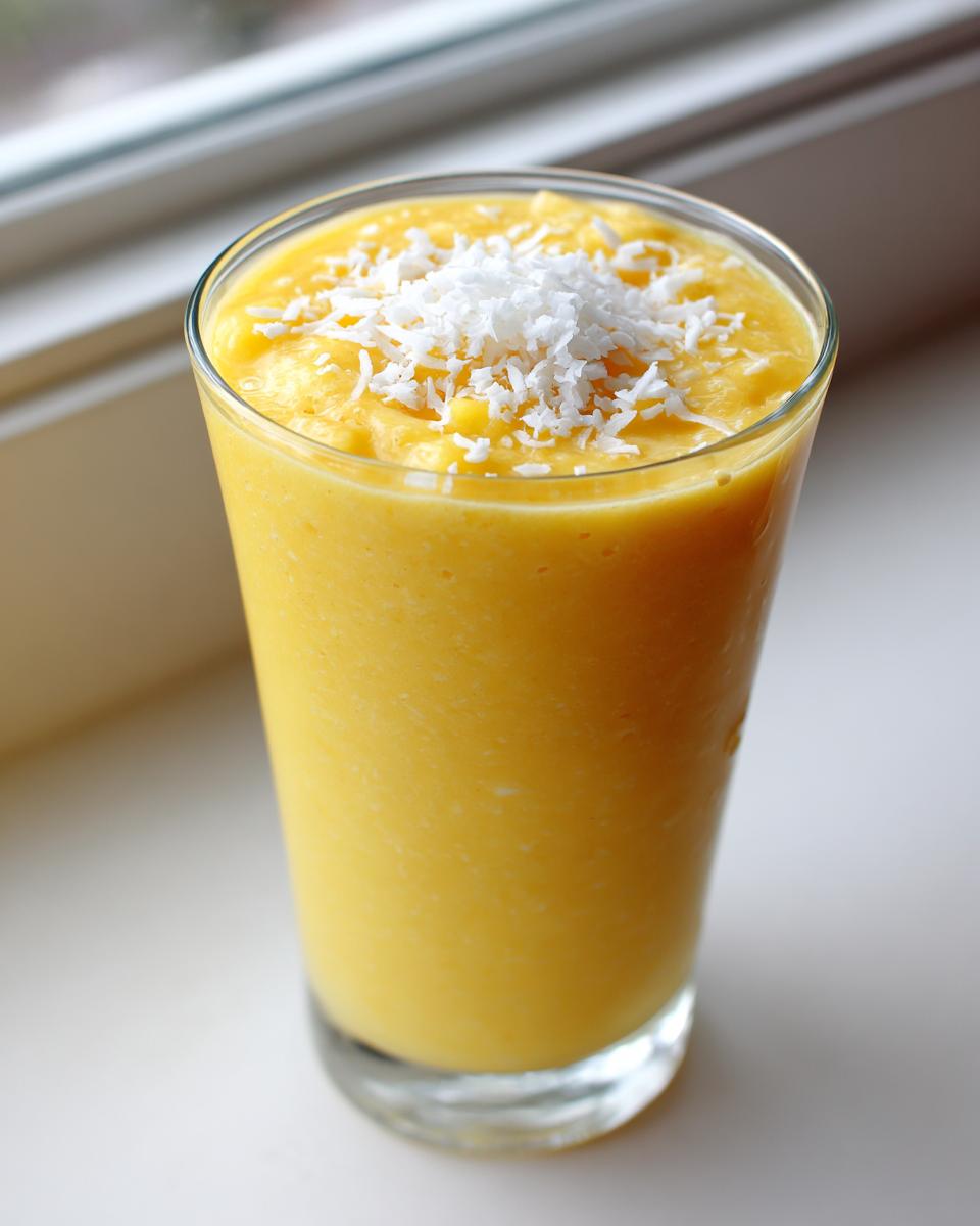 A tall glass filled with a vibrant yellow Tropical Pineapple Coconut Smoothie, topped with shredded coconut.