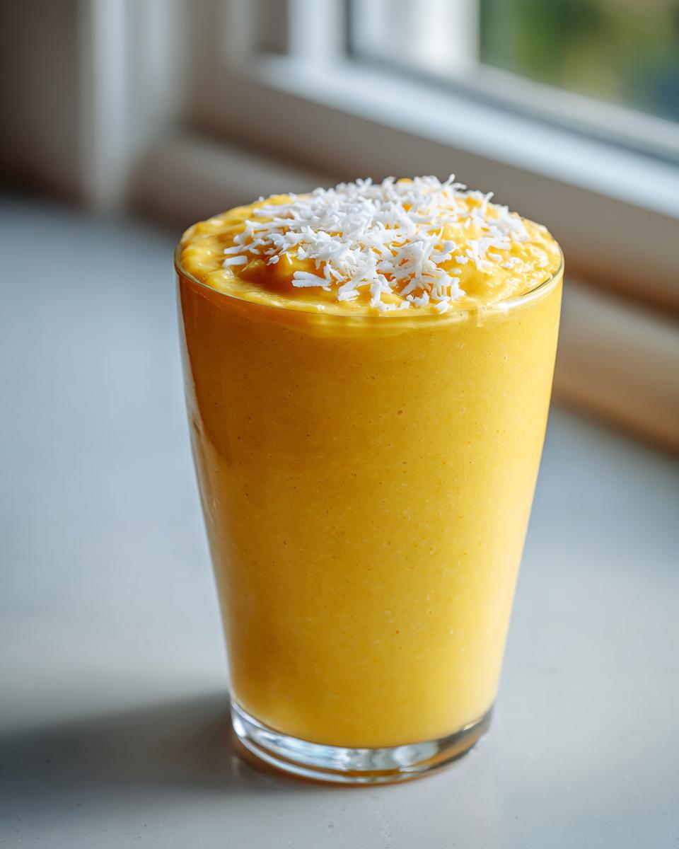 A vibrant yellow Tropical Pineapple Coconut Smoothie topped with shredded coconut flakes.
