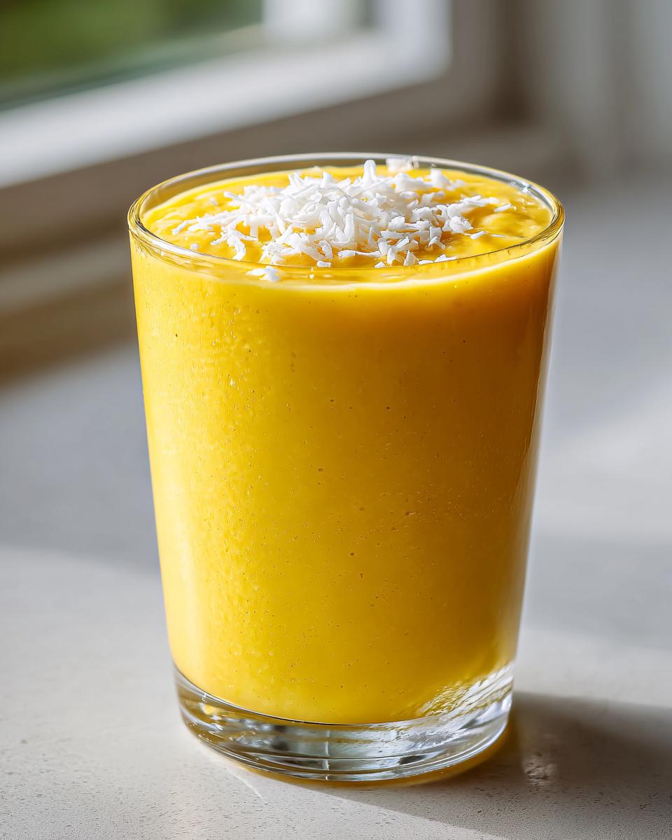 A vibrant yellow Tropical Pineapple Coconut Smoothie topped with shredded coconut flakes in a clear glass.
