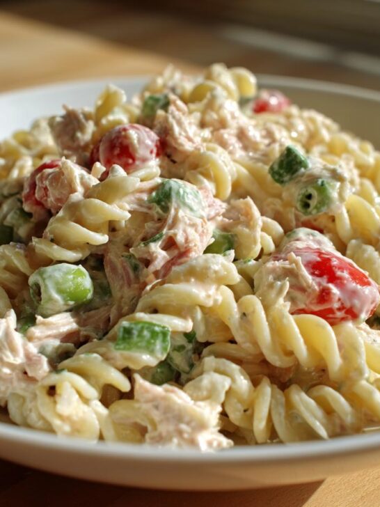 Close-up of creamy Tuna Pasta Salad With Pimiento Stuffed Olives featuring fusilli pasta, tuna, and colorful vegetables in a white bowl.