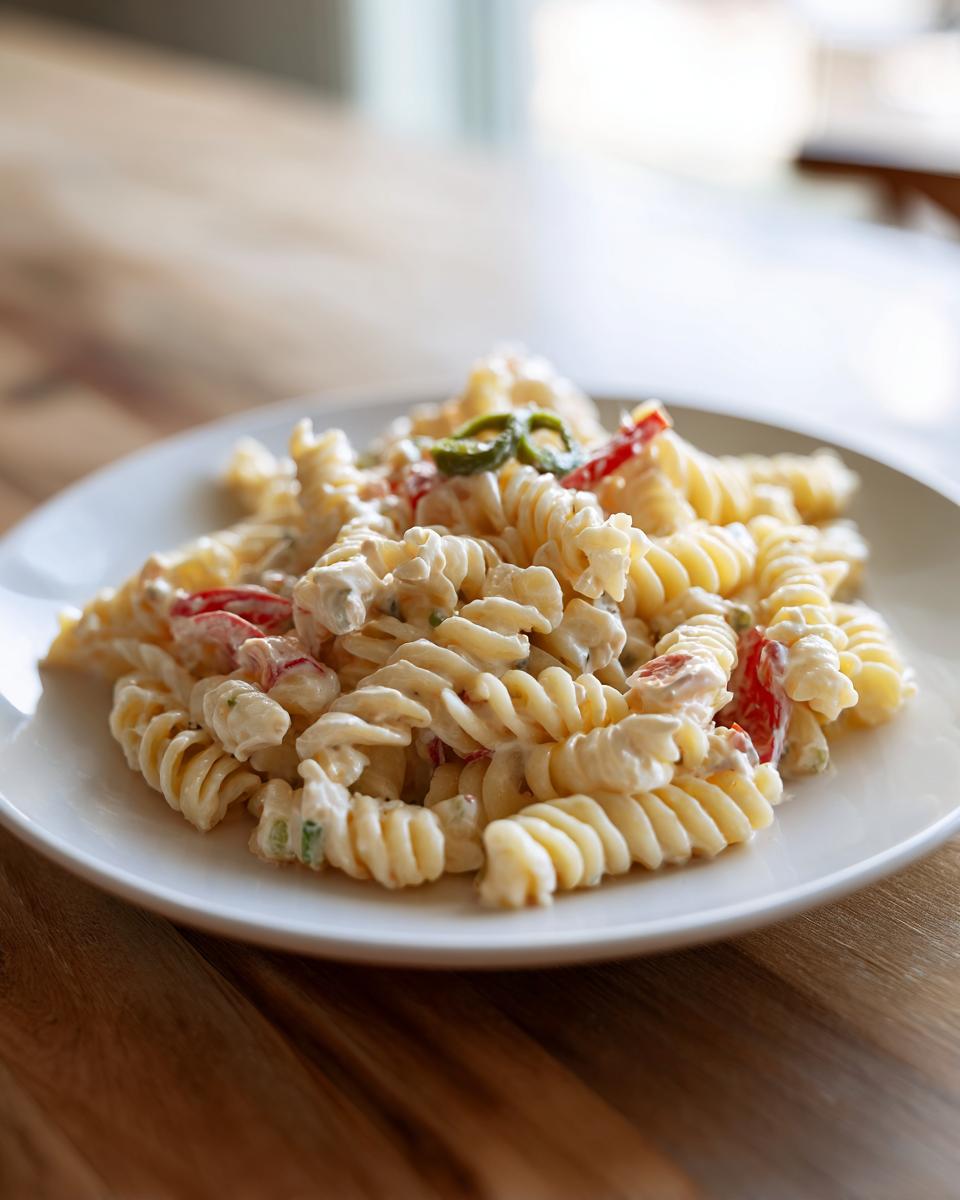 A close-up of a serving of creamy Tuna Pasta Salad With Pimiento Stuffed Olives featuring rotini pasta on a white plate.