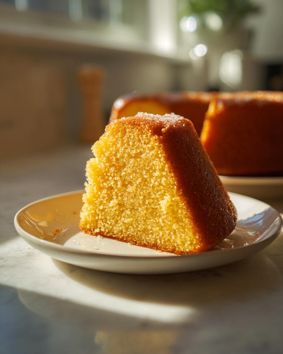 Close-up of a moist slice of Two Ingredient Lemon Cakes, topped with sugar crystals, resting on a small white plate.