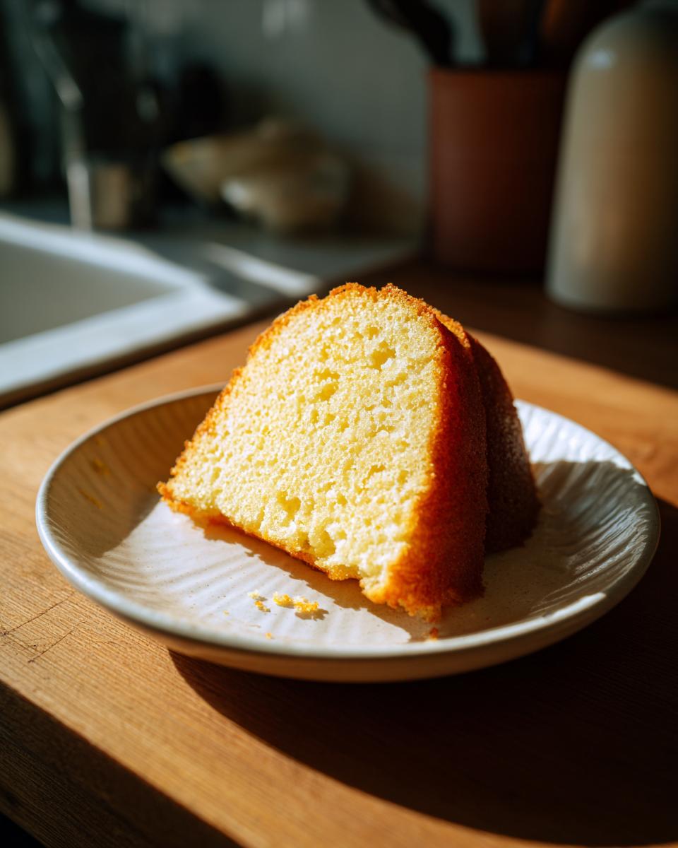 A close-up of a bright yellow slice of Two Ingredient Lemon Cakes on a small ceramic plate, bathed in sunlight.