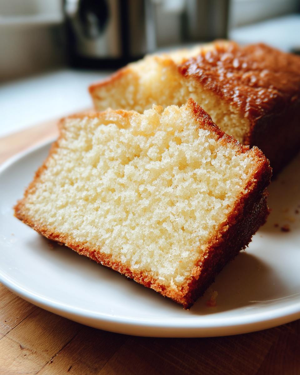A close-up view of a moist slice of Two Ingredient Lemon Cakes showing the fine crumb texture and golden crust.