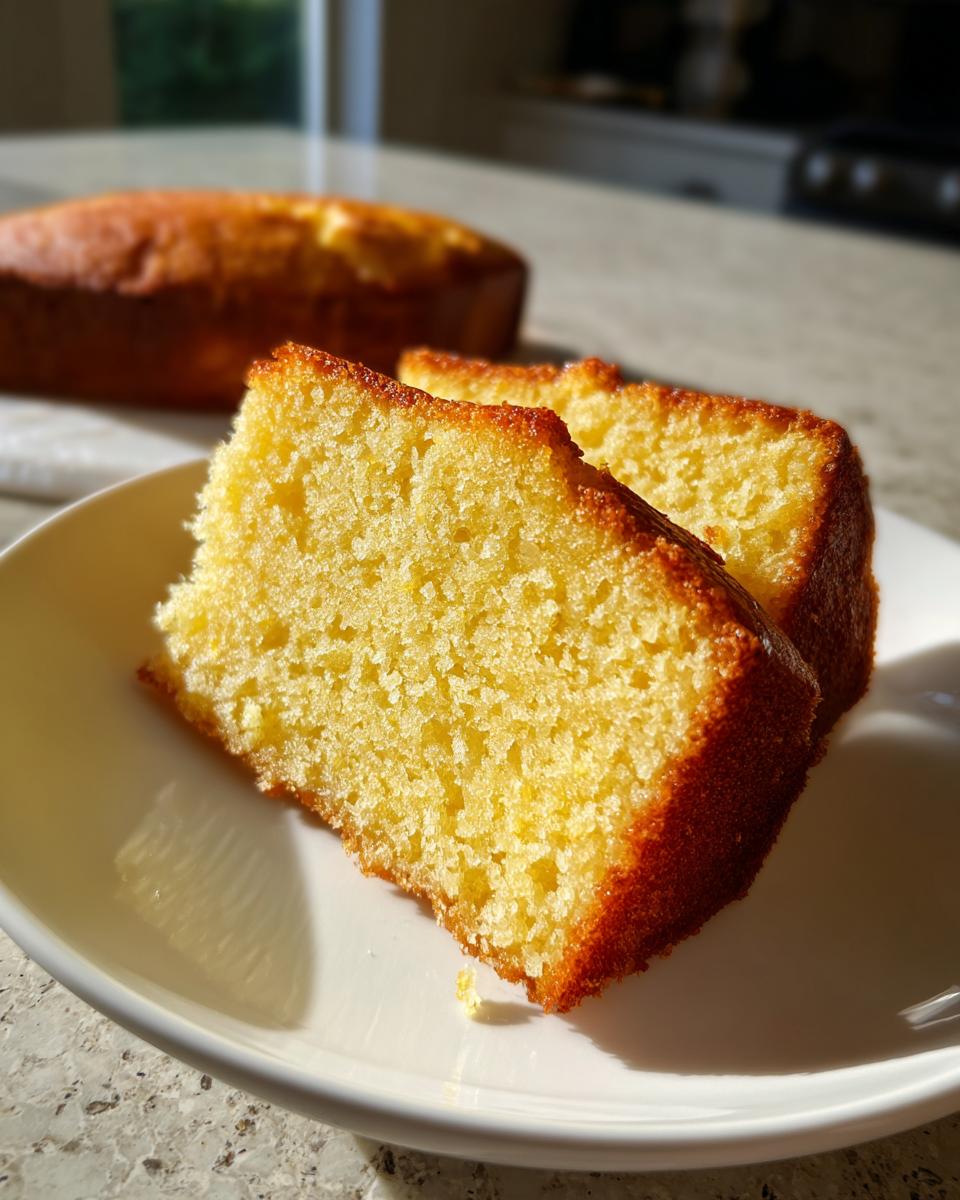 Close-up of two moist slices of Two Ingredient Lemon Cakes on a white plate, with the loaf blurred in the background.