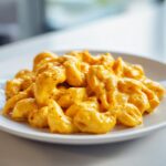 Close-up of creamy elbow macaroni coated in bright orange sauce, representing The Ultimate Vegan Mac Cheese.