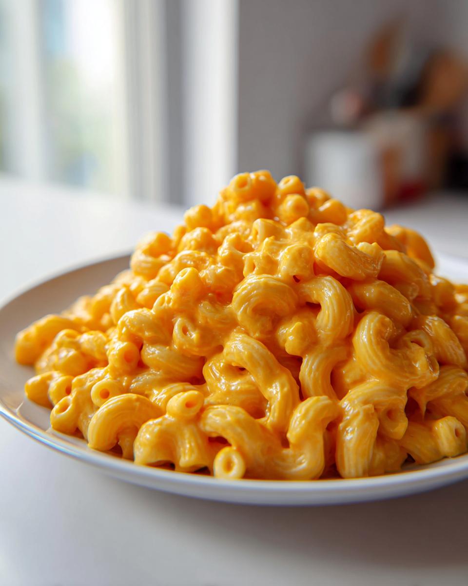 A generous serving of creamy, bright orange macaroni pasta, representing The Ultimate Vegan Mac Cheese.