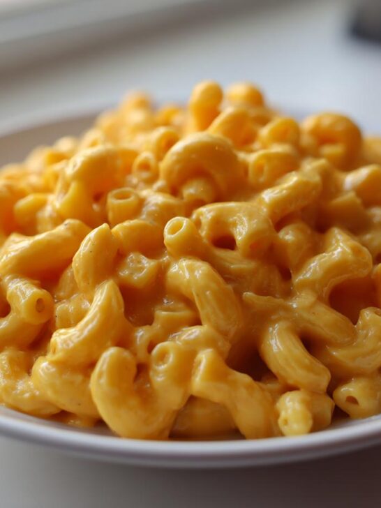A close-up of a white plate piled high with creamy, bright orange macaroni pasta, representing The Ultimate Vegan Mac Cheese.