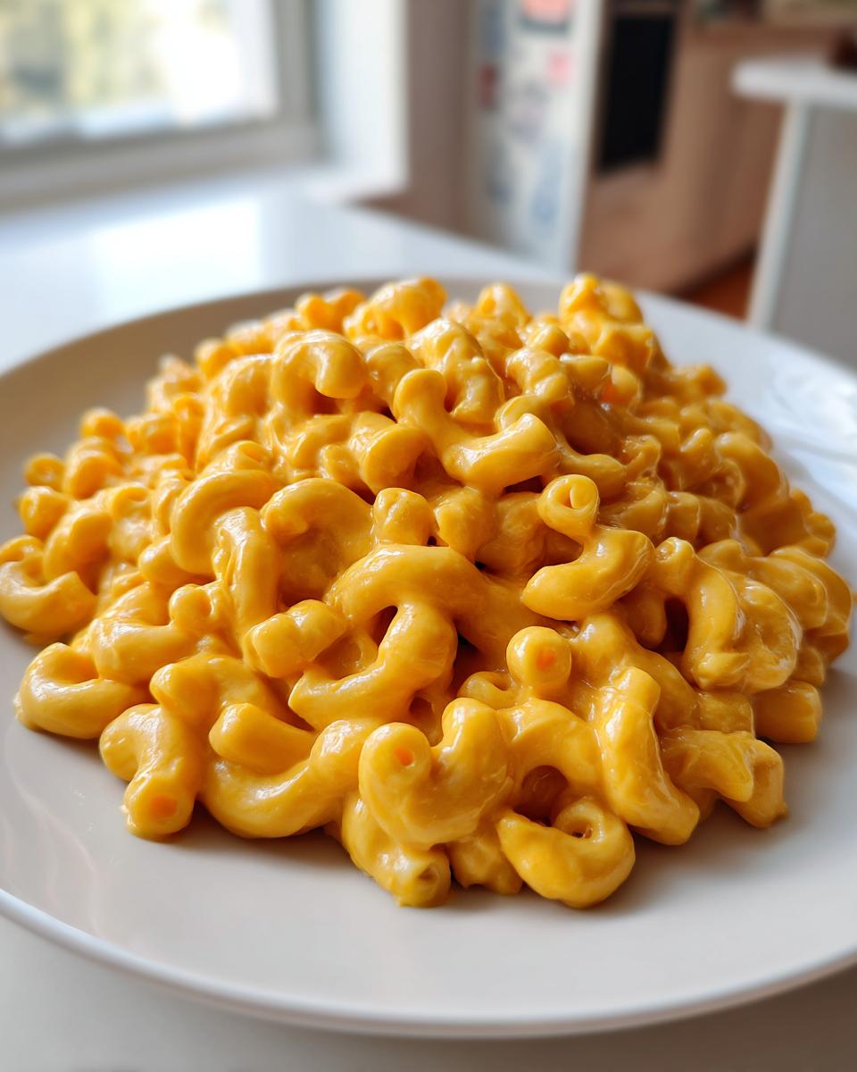 A close-up of a generous serving of creamy, bright orange The Ultimate Vegan Mac Cheese on a white plate.