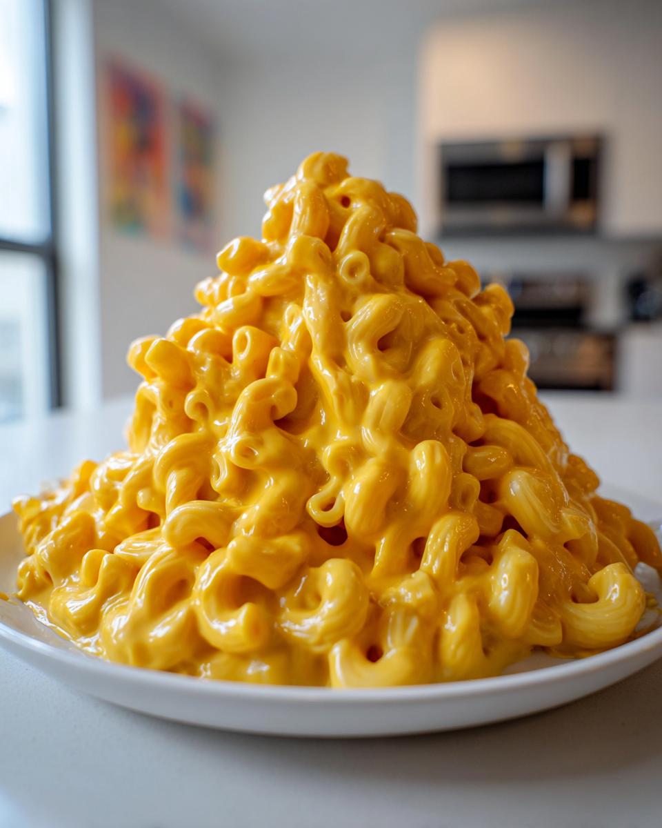A towering mound of bright orange, creamy macaroni covered in sauce, representing The Ultimate Vegan Mac Cheese.