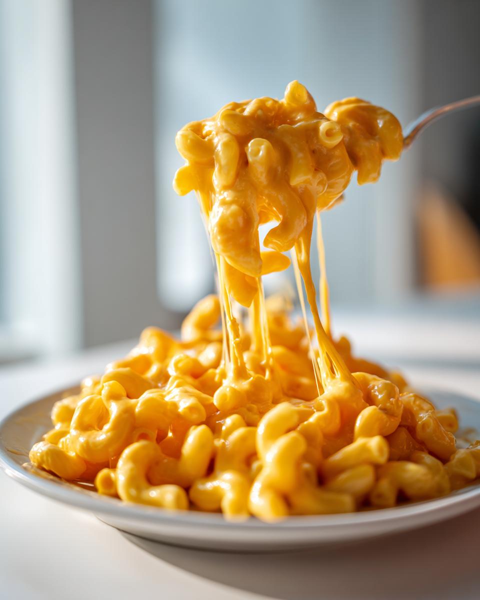 A fork lifting a generous serving of creamy, orange Vegan Mac Cheese with long, stretchy cheese pulls.