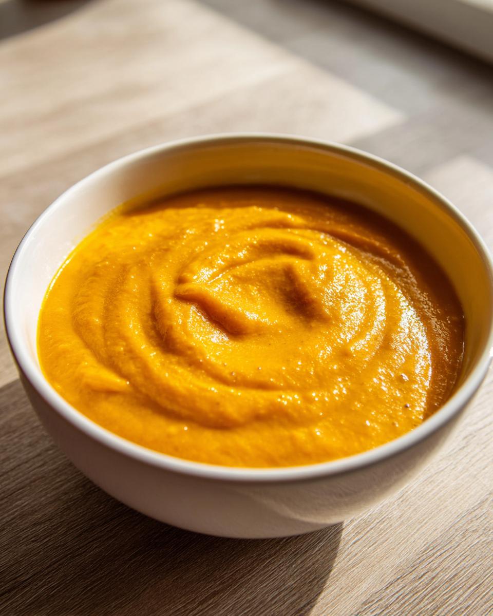Close-up of a bowl filled with bright orange, creamy Vegan Cheesy Carrot Soup, sitting on a wooden surface.