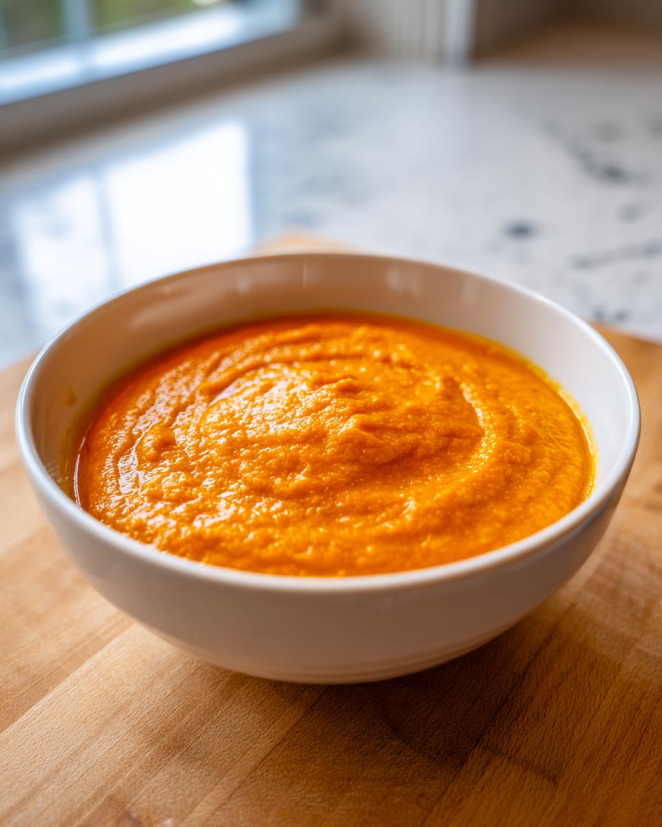 A close-up of vibrant orange Vegan Cheesy Carrot Soup served in a white bowl on a wooden cutting board.