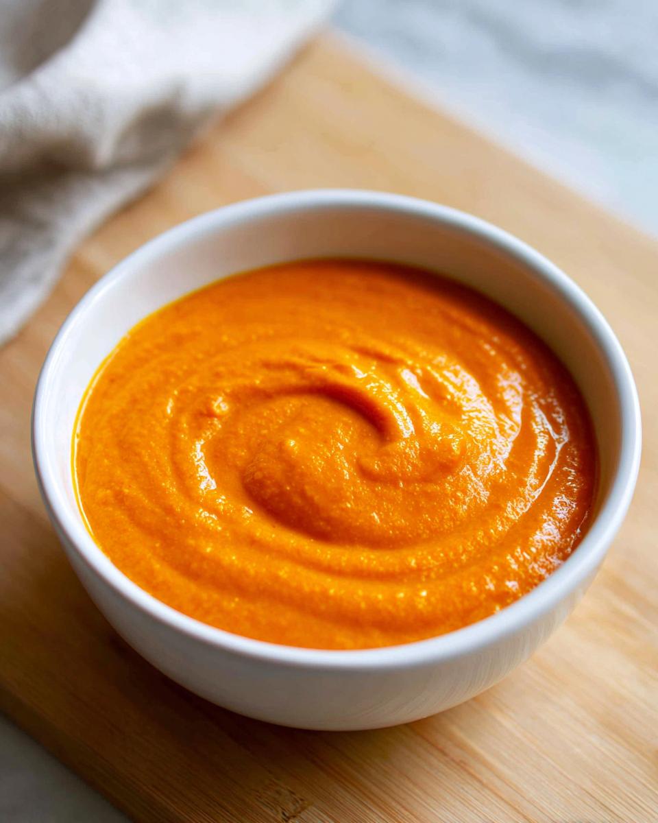 A close-up of vibrant orange Vegan Cheesy Carrot Soup swirled in a white bowl on a wooden surface.