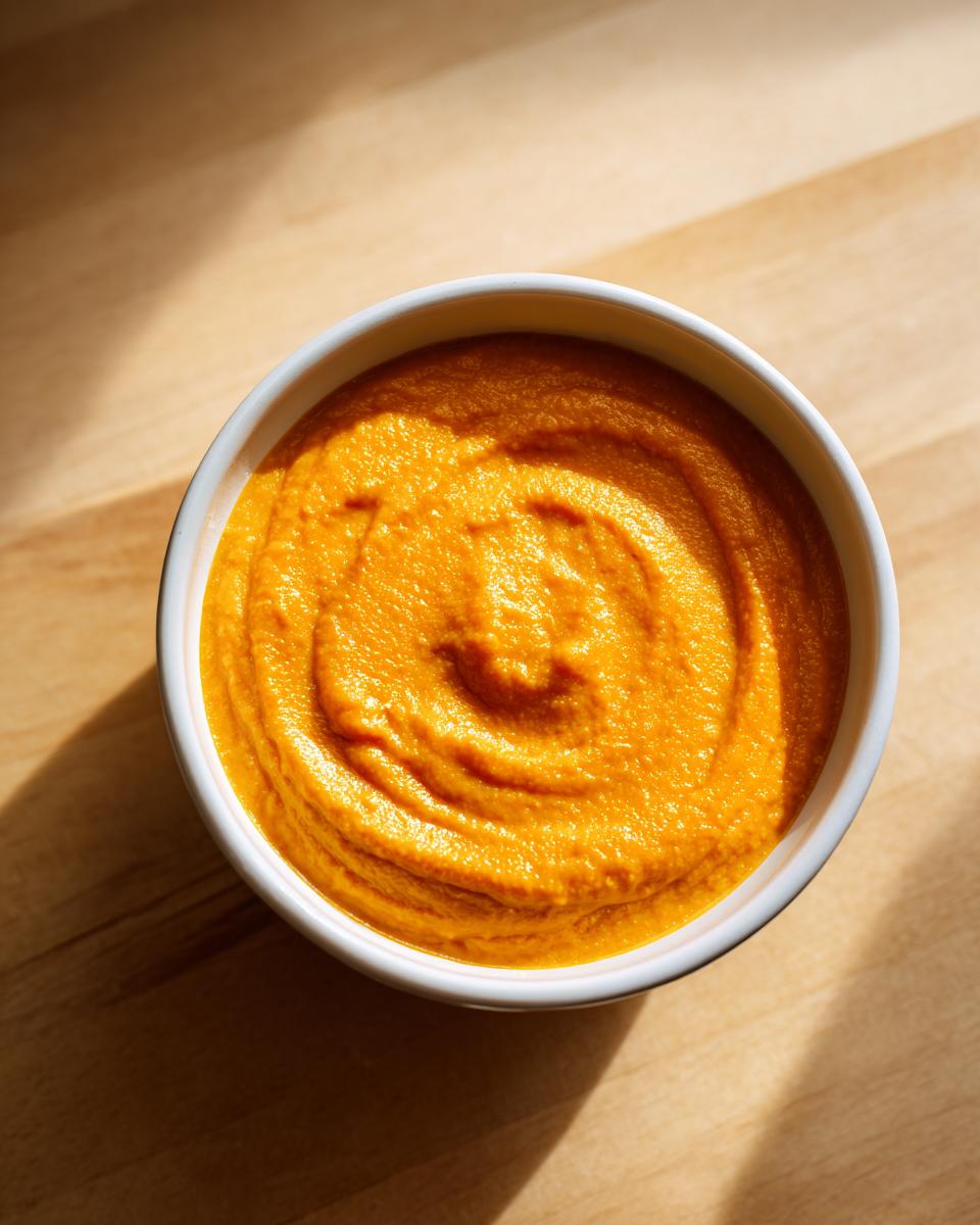 Overhead view of rich, creamy Vegan Cheesy Carrot Soup swirled in a white bowl on a wooden surface.