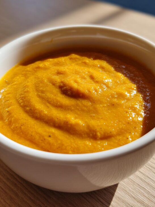 A close-up of a white bowl filled with thick, vibrant orange Vegan Cheesy Carrot Soup, sitting on a wooden surface.