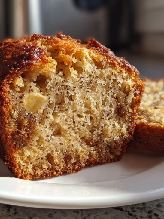 A close-up of a freshly baked Vegan Chia Seed Maple Banana Bread loaf, showing its moist crumb texture and dark, caramelized crust.