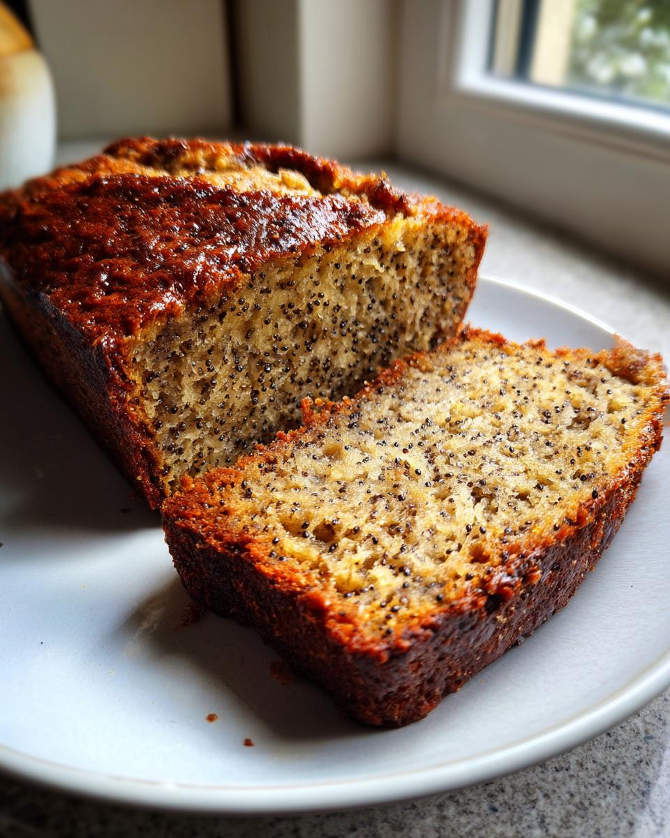 Close-up of a slice of Vegan Chia Seed Maple Banana Bread showing texture and poppy seeds.