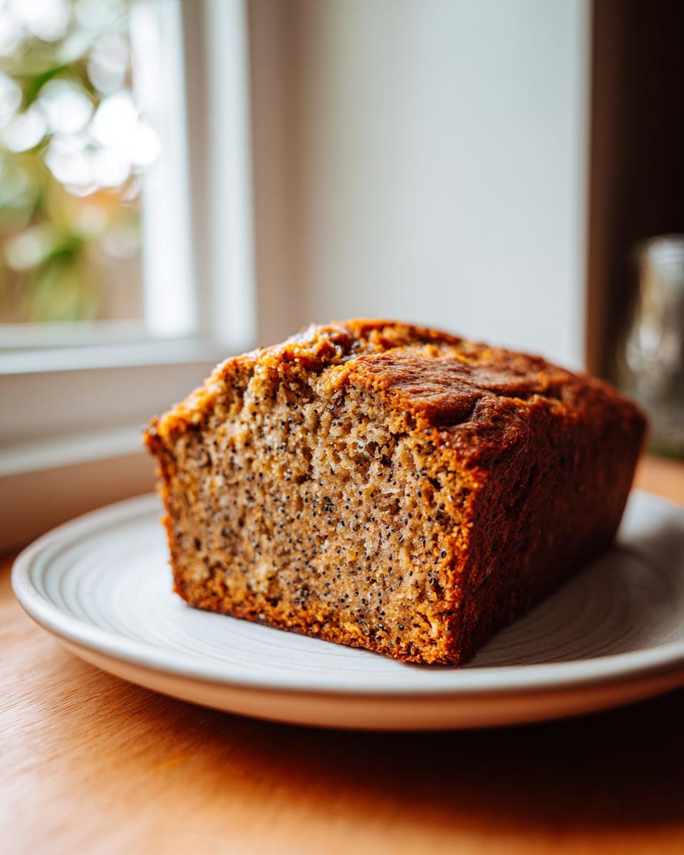 Close-up of a slice of moist Vegan Chia Seed Maple Banana Bread showing visible chia seeds, resting on a light plate.
