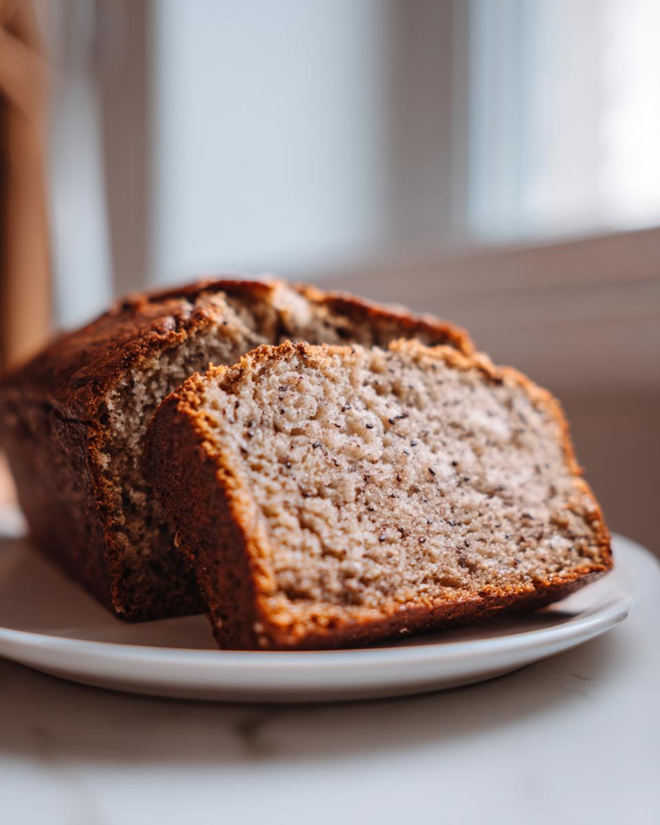 Close-up of two slices of moist Vegan Chia Seed Maple Banana Bread on a white plate.