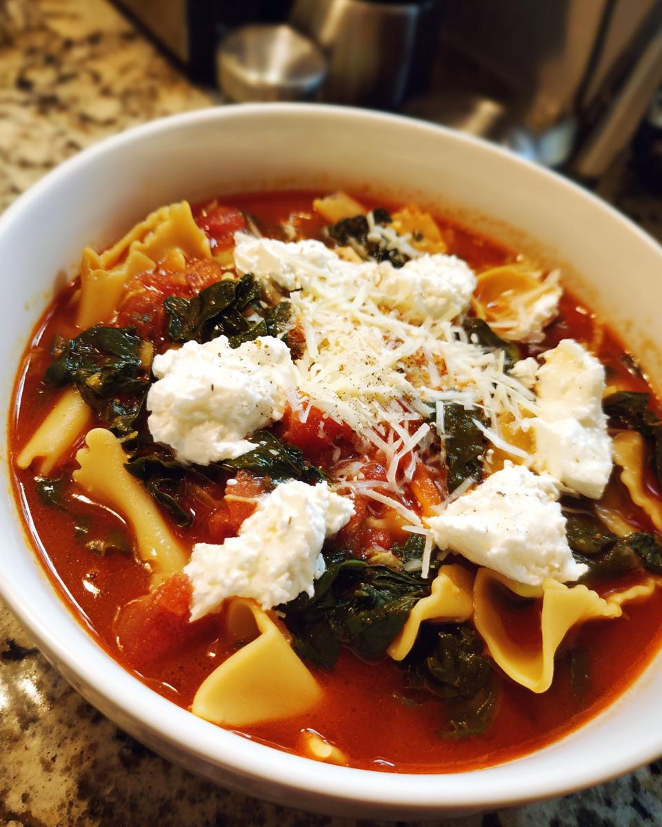 A close-up of a white bowl filled with Vegan Lasagna Soup, featuring pasta, spinach, tomato broth, and dollops of vegan ricotta.