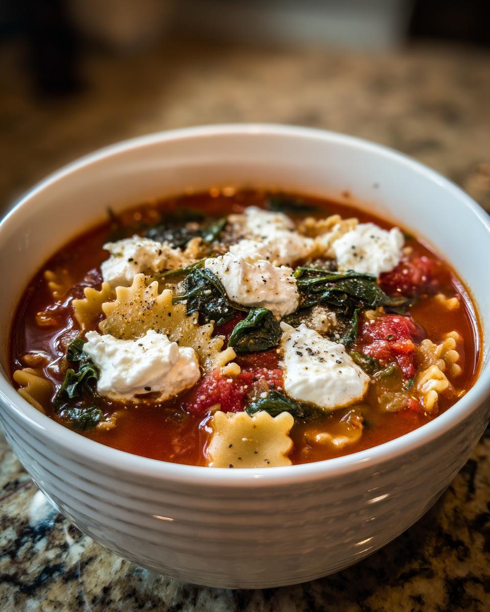 Close-up of a bowl of Vegan Lasagna Soup featuring tomato broth, pasta, spinach, and dollops of vegan ricotta.