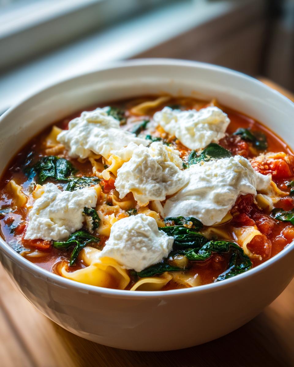 Close-up of a bowl of rich Vegan Lasagna Soup topped with dollops of creamy vegan ricotta and wilted spinach.