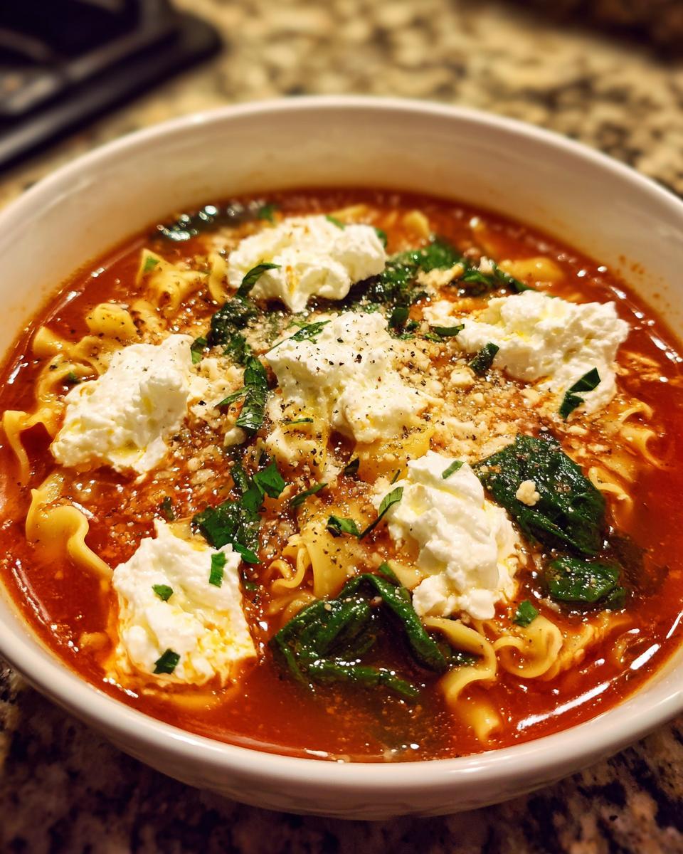 Close-up of a bowl of Vegan Lasagna Soup topped with dollops of vegan ricotta, spinach, and black pepper.