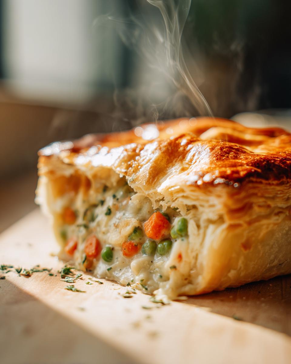Close-up of a steaming slice of Vegan Pot Pie showing creamy filling with peas and carrots inside a golden, flaky pastry.