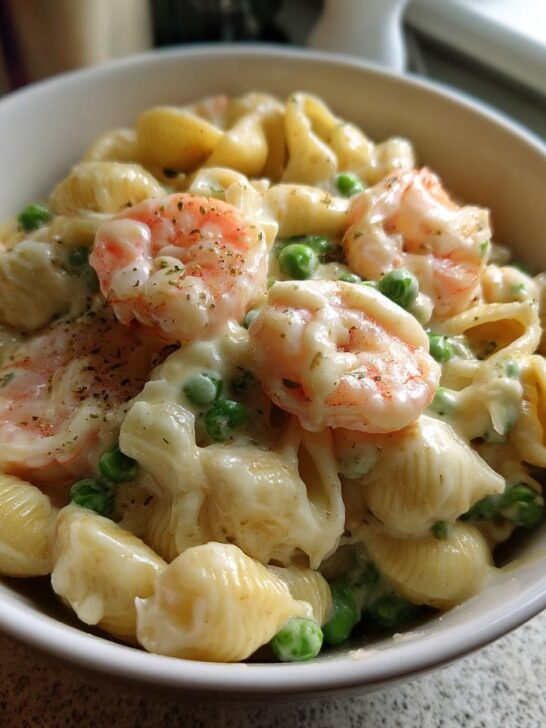 A white bowl filled with White Cheddar Shells And Cheese With Shrimp And Peas, topped with black pepper.