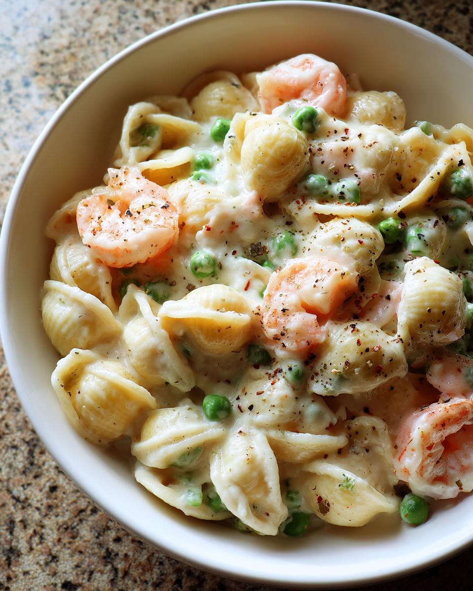 Close-up of White Cheddar Shells And Cheese With Shrimp And Peas in a white bowl, seasoned with pepper.