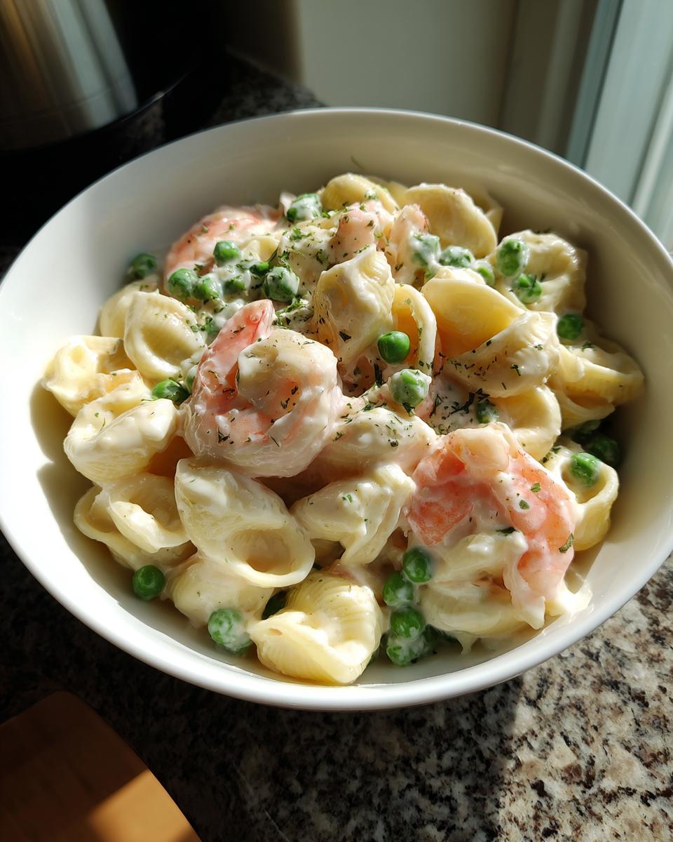 A close-up of White Cheddar Shells And Cheese With Shrimp And Peas served in a white bowl.