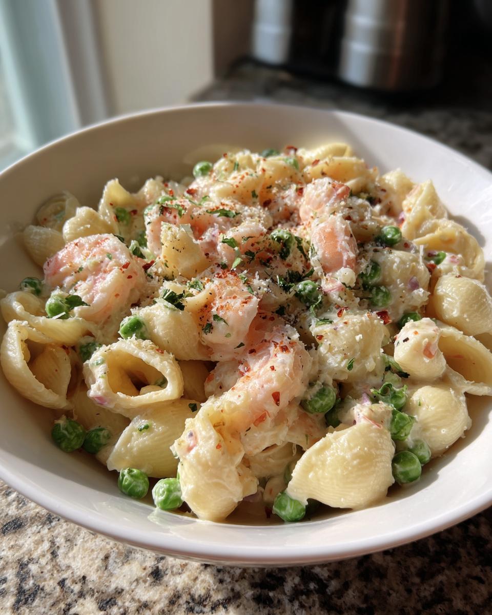 A bowl of White Cheddar Shells And Cheese With Shrimp And Peas, topped with herbs and spices.