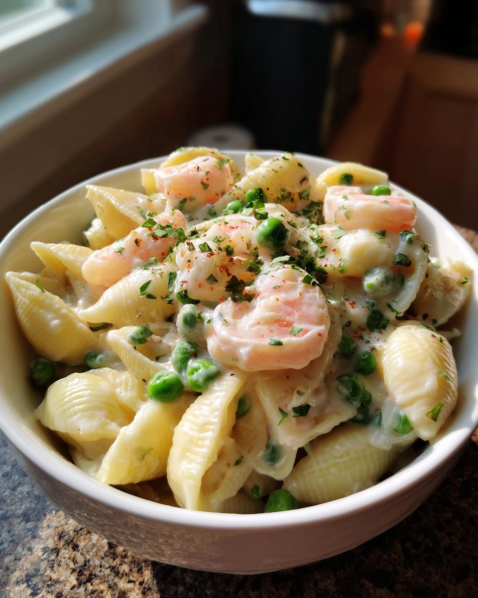 A bowl of White Cheddar Shells And Cheese With Shrimp And Peas, topped with fresh herbs.